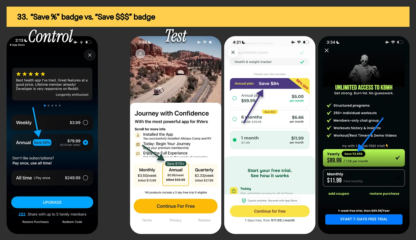  Save badge examples from Livity, AllStays, Dogo & KBMH Kettlebell training app