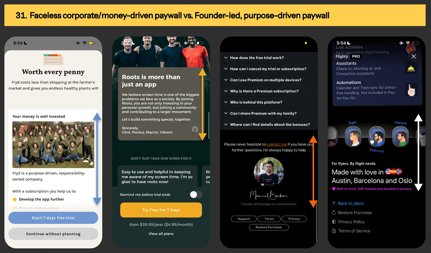  Paywall content example from Fryd, Roots, LocationScout & Flighty app