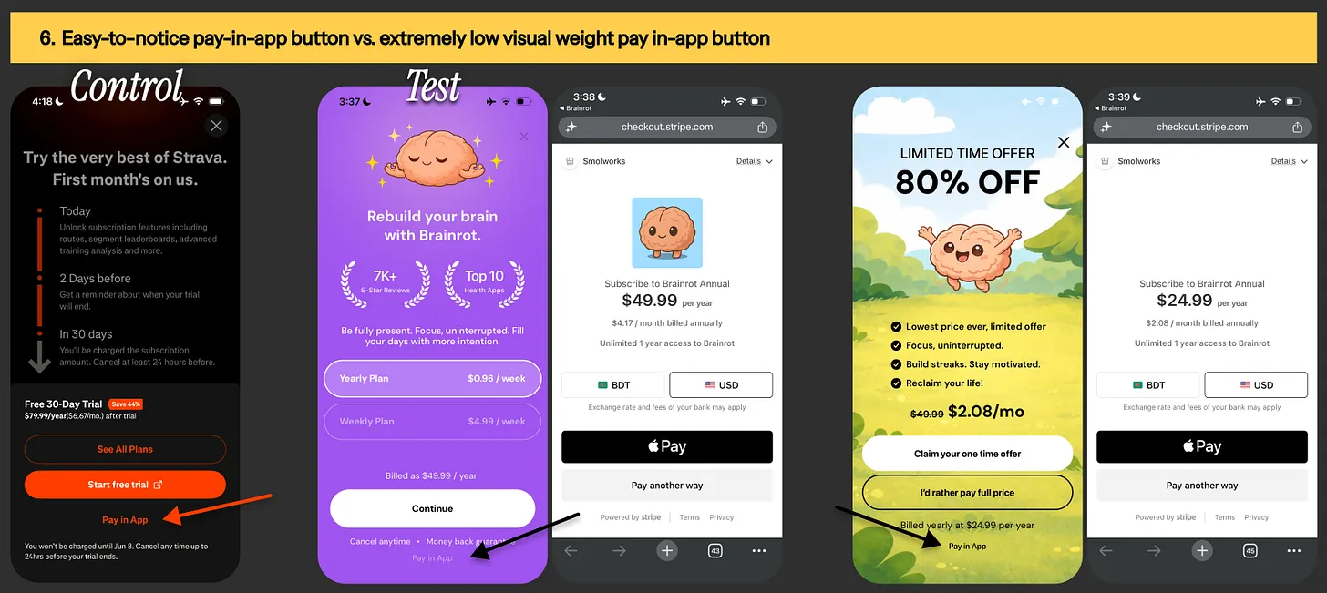 Paywall designs from Strava & Brainrot app