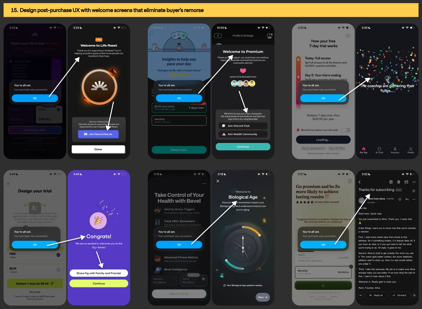 Post-purchase UX design from Life Reset, Bearable, Fig Food Scanner, Bevel, BoldVoice & Alma app